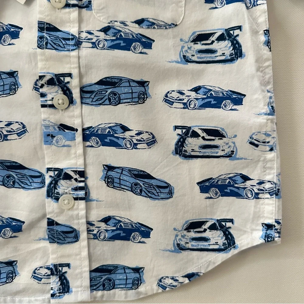 The Children's Place 2T Toddler Boy White Button-Down Shirt Race Car Print NWT